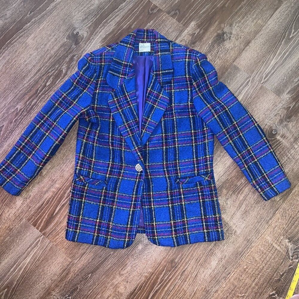 Vintage JR Bentley Blue‎ Purple Plaide Blazer Wool Blend Size Medium one button